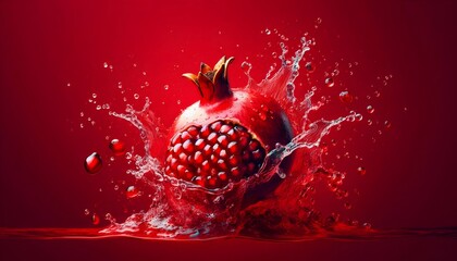 Pomegranate in water splash Vibrant red background side view Space for text.