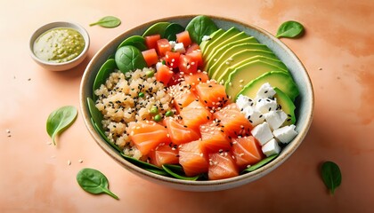 Poke Bowl with Quinoa fresh Salmon Avocado Feta spinach and Sesame Seeds Light orange background