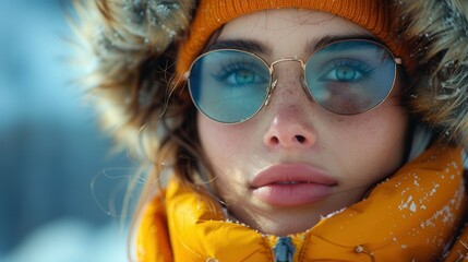 Obraz premium Capturing a serene moment in snowy mountains with a young woman in warm winter attire and vibrant sunglasses. Generative AI