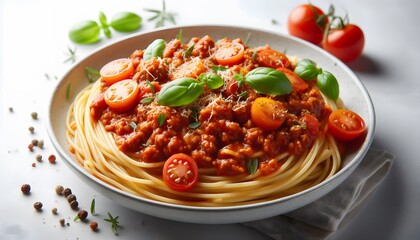 Spaghetti Bolognese close up White background side view
