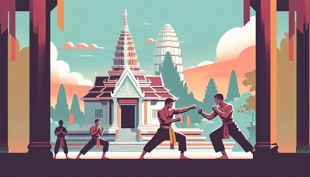 Traditional Bokator martial arts training in front of Cambodian temple