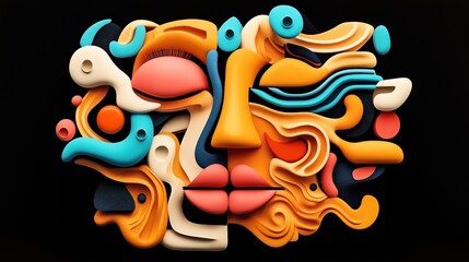 Obraz premium Abstract colorful 3D rendering of a human face composed of flowing shapes and vibrant colors on a black background.