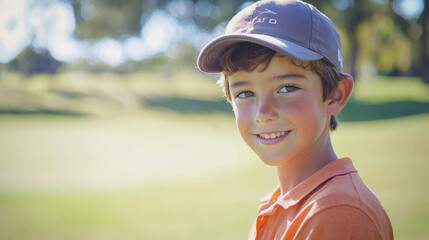 Smiling young boy at outdoor golf training session