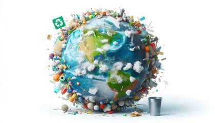 The planet earth with trash White background space for text the concept of ecology problem Earth day.