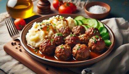 Traditional swedish meatballs with meat sauce and mashed potatoes on a plate Kottbullar