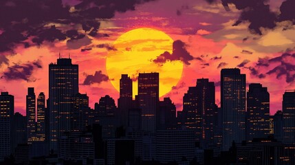 Fototapeta premium Vibrant Sunset Over City Skyline Illustration