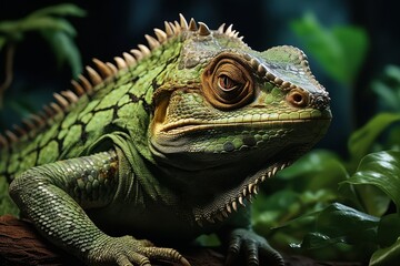 Fototapeta premium Chameleon on Branch in Lush Jungle Setting