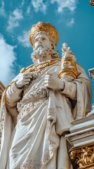 Fototapeta premium Majestic statue of a regal king against a bright blue sky.