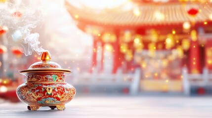 Fototapeta premium Burning incense sticks in a soft turquoise holder with wisps of smoke, set against a serene pastel blue background for a calming ambiance.