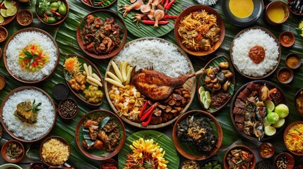 An appetizing spread of traditional dishes, featuring crispy fried chicken, vibrant curries, steamed rice, fresh vegetables, spicy sambal, and an assortment of snacks on banana leaf platters.