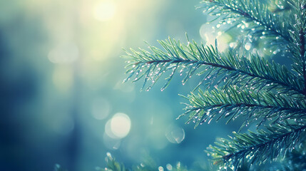 Tautropfen auf Tannenzweig im sanften Morgenlicht