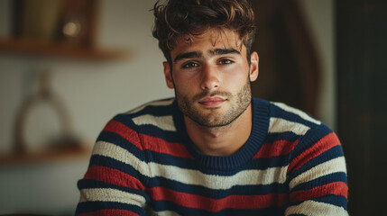 Fototapeta premium Young man in striped sweater with contemplative expression