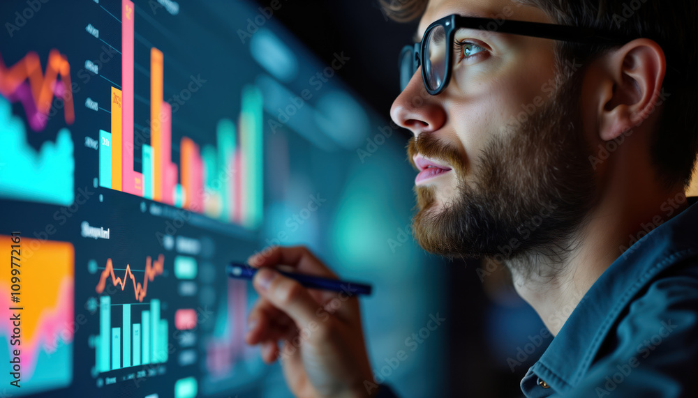 Poster man intently analyzes data visualizations on large interactive screen. focused on charts, graphs, pr