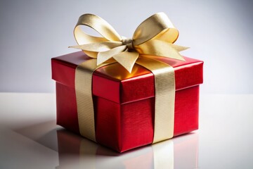 Obraz premium Elegant Red and White Gift Box with Gold Ribbon Isolated on Background for Holiday and Celebration Themes, Perfect for E-commerce and Promotional Materials