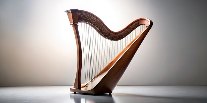 Elegant Silhouette of a Wooden Harp Isolated on White Background, Showcasing the Intricate Design and Craftsmanship of this Timeless Musical Instrument