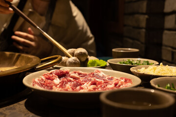 Eat beef ingredients on the hot pot table