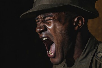 Sergeant in Boot Camp. Black Drill Sergeant Yelling at Soldier during Basic Training