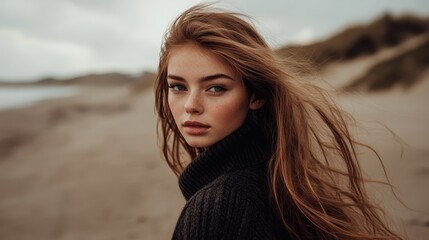 Fototapeta premium Portrait of a stunning young woman with long hair flowing in the wind on a sandy shore