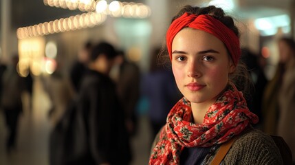 Obraz premium A young woman with a red headband and floral scarf gazes straight ahead while others appear softly blurred in the background of a well lit indoor space