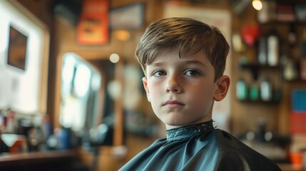 Fototapeta premium Young Boy Getting Ready for a Haircut in a Barber Shop