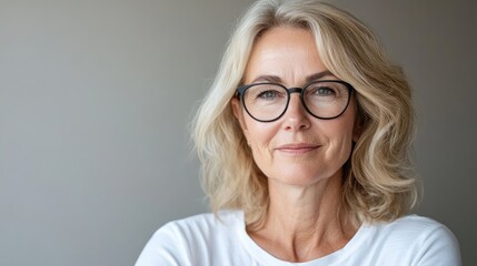 Fototapeta premium A middle aged woman wearing glasses gazes forward with a gentle smile dressed in a white t shirt