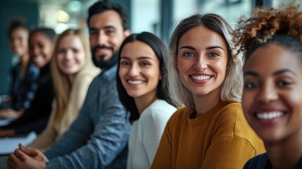 Fototapeta premium Group of diverse business professionals smiling at the camera while collaborating in an office setting