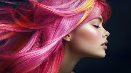Naklejka premium Fashion model with vibrant pink hair showcasing colorful hair styling