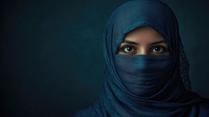 Naklejka premium Portrait of a woman in a niqab against a dark background featuring ample space for text