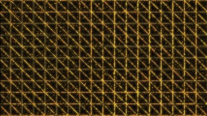 Golden small lights backdrop set, glowing triangles grid texture patterns, seamless loop video animations. Flashing light bulb, wall of lights motion graphics.	 - Powered by Adobe