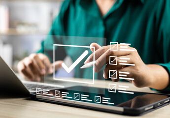 Business performance monitoring and evaluation concept, Take an assessment, Business man using...