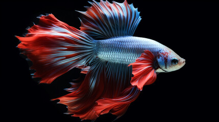 Fototapeta premium A single majestic betta fish with flowing fins, illuminated by soft lighting against a dark background.