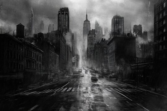 Sin City. Noir City Street in Black-and-White Charcoal Illustration Style with Misty Cold Atmosphere