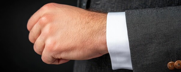 Obraz premium Close-up of a man's hand in a suit, demonstrating professionalism and confidence.
