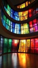 Vibrant stained glass windows casting colorful reflections in a sleek modern interior.