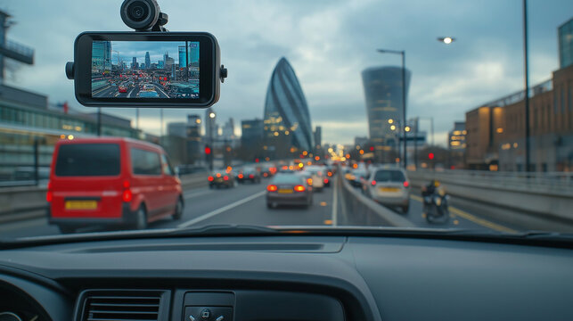 City traffic viewed from a car with a dashcam recording the bustling streets during twilight hours