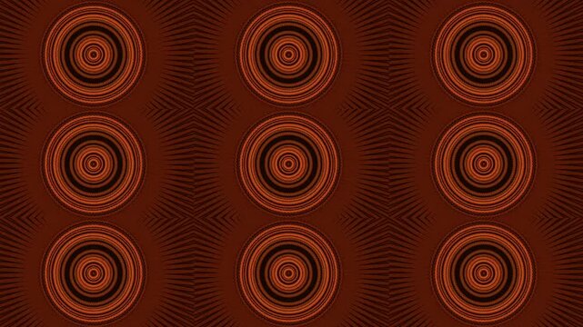 Background video, spinning circles created by making a tiled kaleidoscope from a video of two tigers playing together. A retro movie background with shades of brown, orange and yellow. One of a series