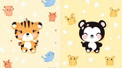 Fototapeta premium Adorable Cartoon Animals Tiger Bear Mice Pastel Background