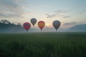 Fototapeta premium Four hot air balloons soar over a misty field at sunrise. Perfect for travel, adventure, and freedom themes.