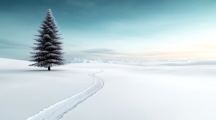 The first step on a snow-covered trail, leaving a single footprint in the fresh snow, with tall snow-covered trees and a peaceful winter landscape stretching out in the distance, Ultra-Realistic, 