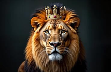 Majestic lion wears golden crown. Powerful image of lion. Exudes strength. Symbol of power, royalty. Spiritual, religious theme. Represents faith, strength. Lion king. Perfect for religious themes