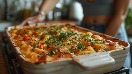 Savory casserole fresh from the oven, garnished with herbs and ready to delight at a dinner party. Generative AI