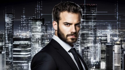 Fototapeta premium Confident Businessman Cityscape Night Portrait