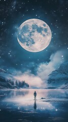 Fototapeta premium Silhouetted figure stands by a serene lake under a giant moon.