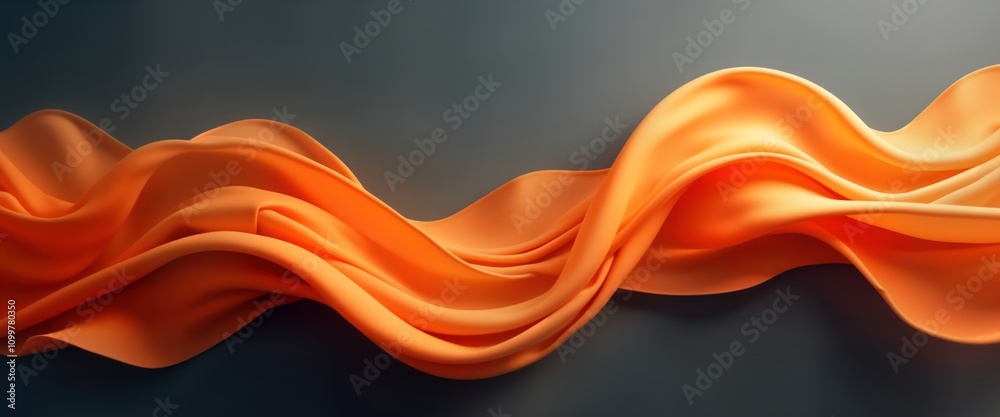Poster Orange fabric billows dynamically on dark background. Abstract form with soft folds, curves. Vibrant color, smooth texture create visual energy. Modern design for fashion, tech, or design projects.