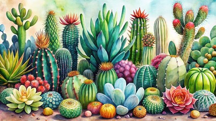 Obraz premium Watercolor botanical print of cacti and succulents.