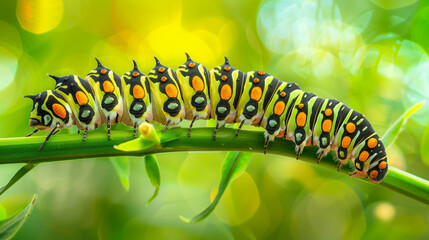 Fototapeta premium Swallowtail Caterpillar Crawling on a Leaf in the Garden