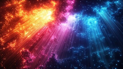 Fototapeta premium Sacred sky, woven fiber optic threads, glowing vibrant colors, cosmic matrix of divine light, abstract, high contrast, digital surrealism, ethereal atmosphere