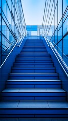 Modern glass staircase with a sleek design and blue tones, leading upwards.