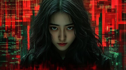 Mysterious Woman  Digital Code  Red Background  Cyber Security