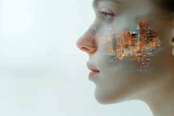 Obraz premium Profile of a woman with a city skyline reflected in her face illustrating urban life and emotions